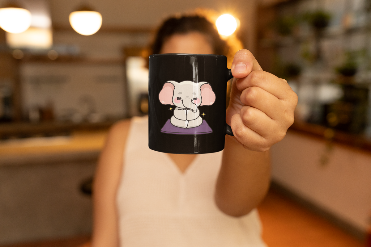 Meditating Elephant Coffee Mug — Cute Zen 11oz Black Mug I Yoga Lover's Gift I Mug For Yogini I Mindfulness Coffee Cup