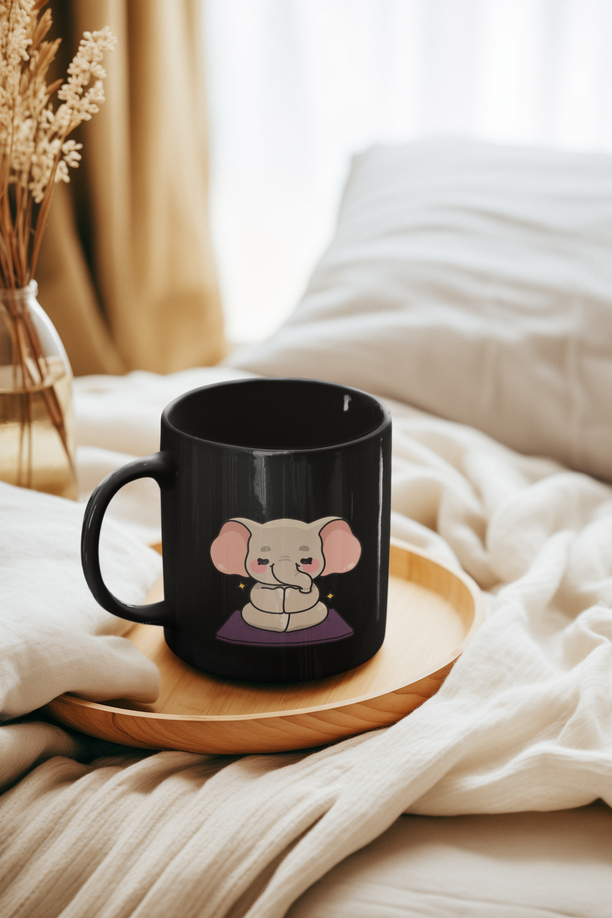 Meditating Elephant Coffee Mug — Cute Zen 11oz Black Mug I Yoga Lover's Gift I Mug For Yogini I Mindfulness Coffee Cup