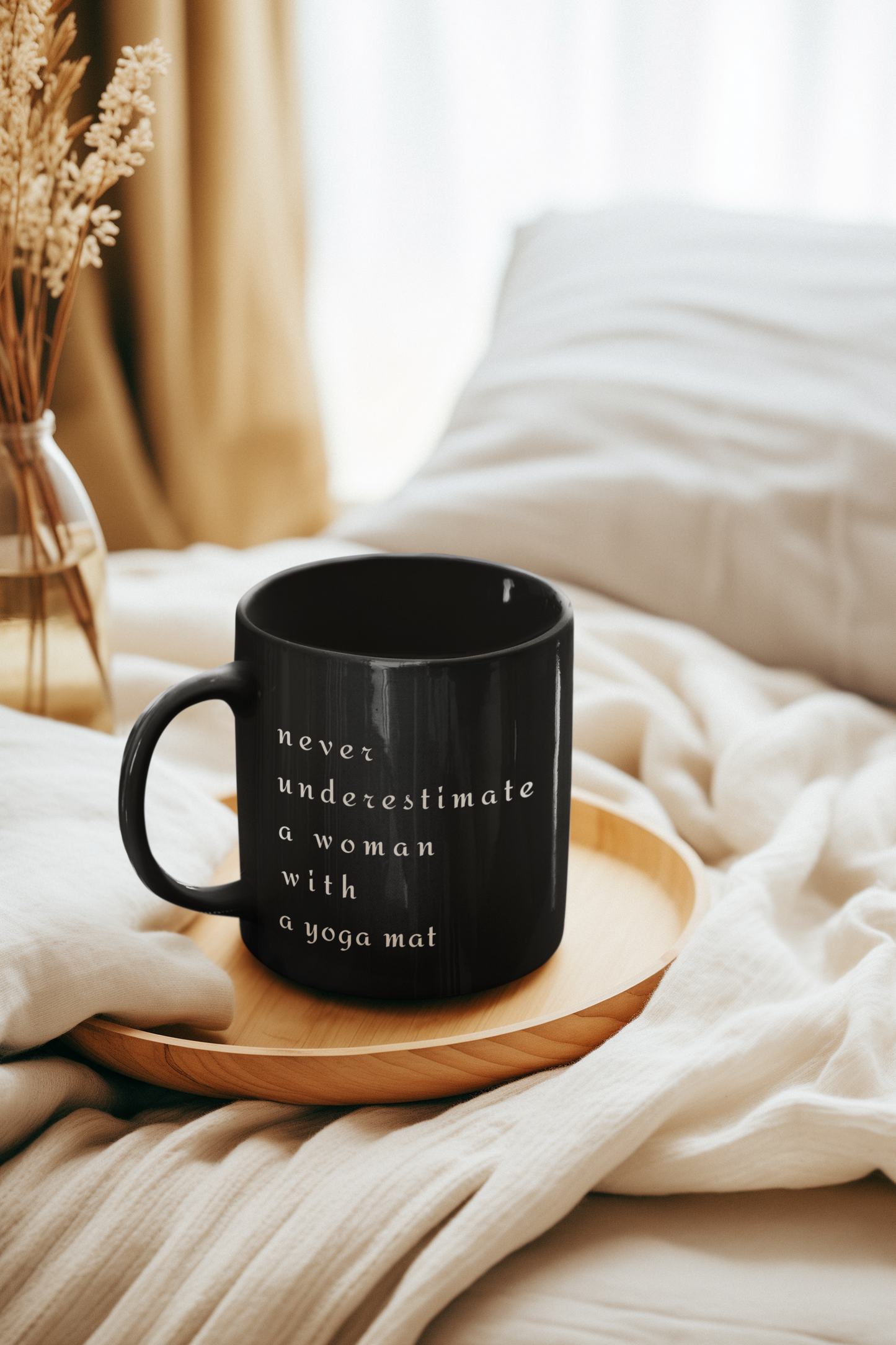 Never Underestimate A Woman With A Yoga Mat - Empowering Black Coffee Mug for Yogis I Motivational Gift for Women I Inspirational Drinkware I Yoga Lover's Coffee Cup